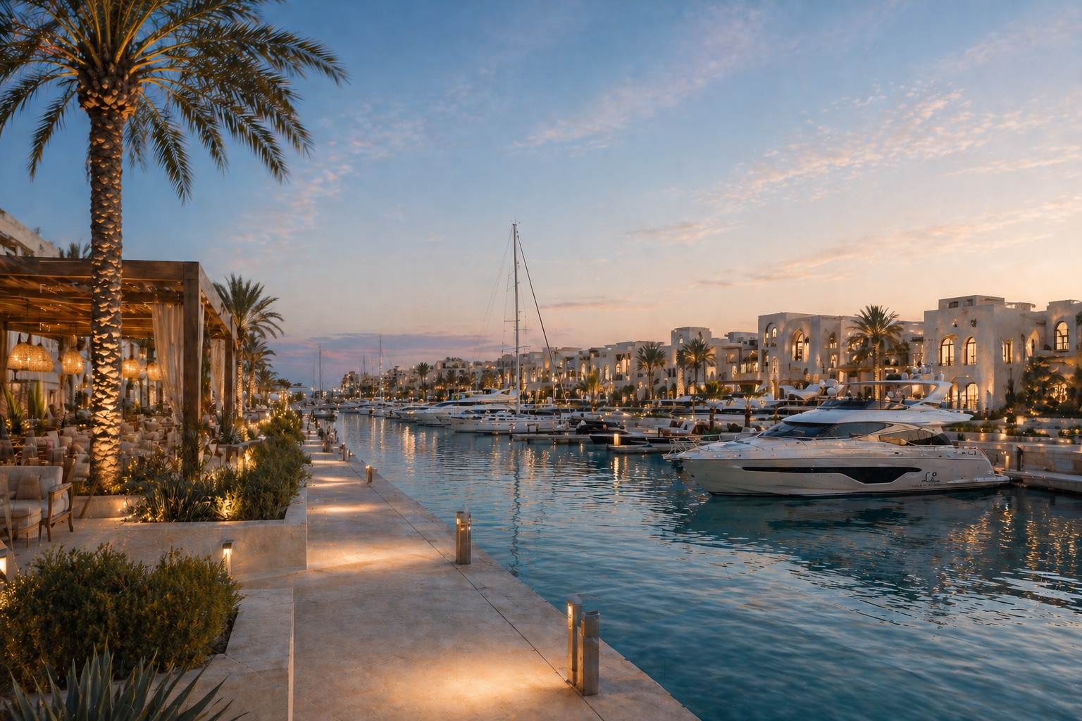 Marina with yachts at golden hour